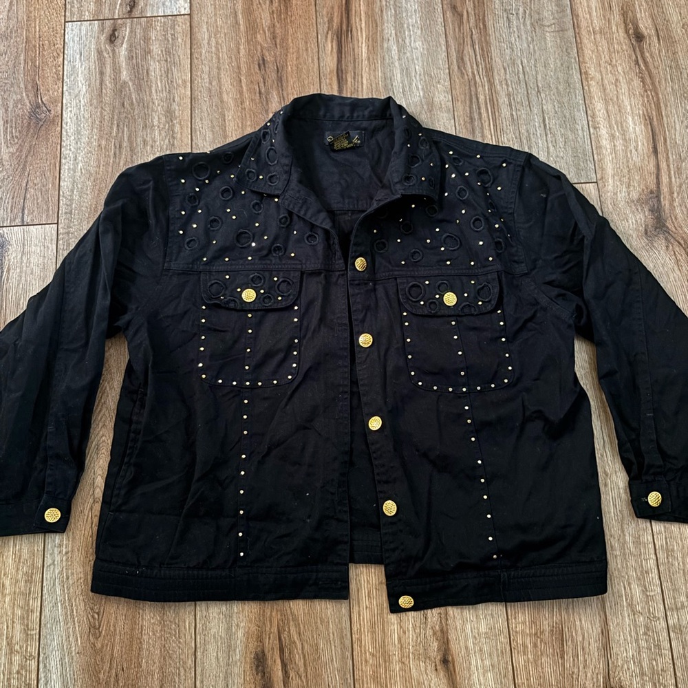 Vintage Black Denim Jacket with Gold Buttons & Circle Embellishments by Mureli